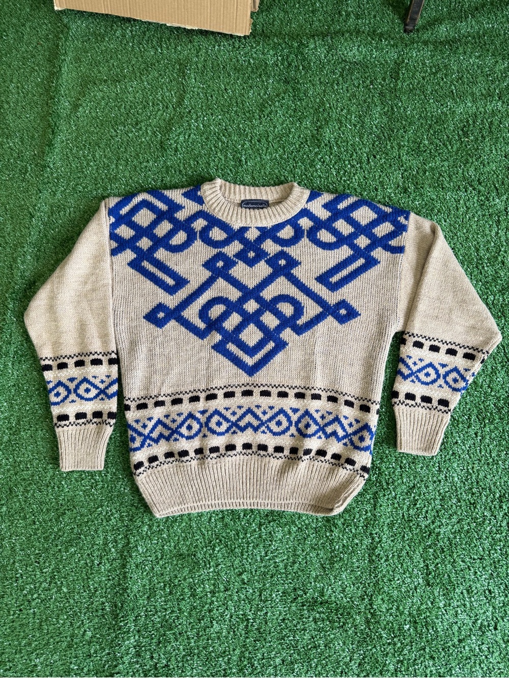 Beige and Blue Geometric Knit Sweater - Men's